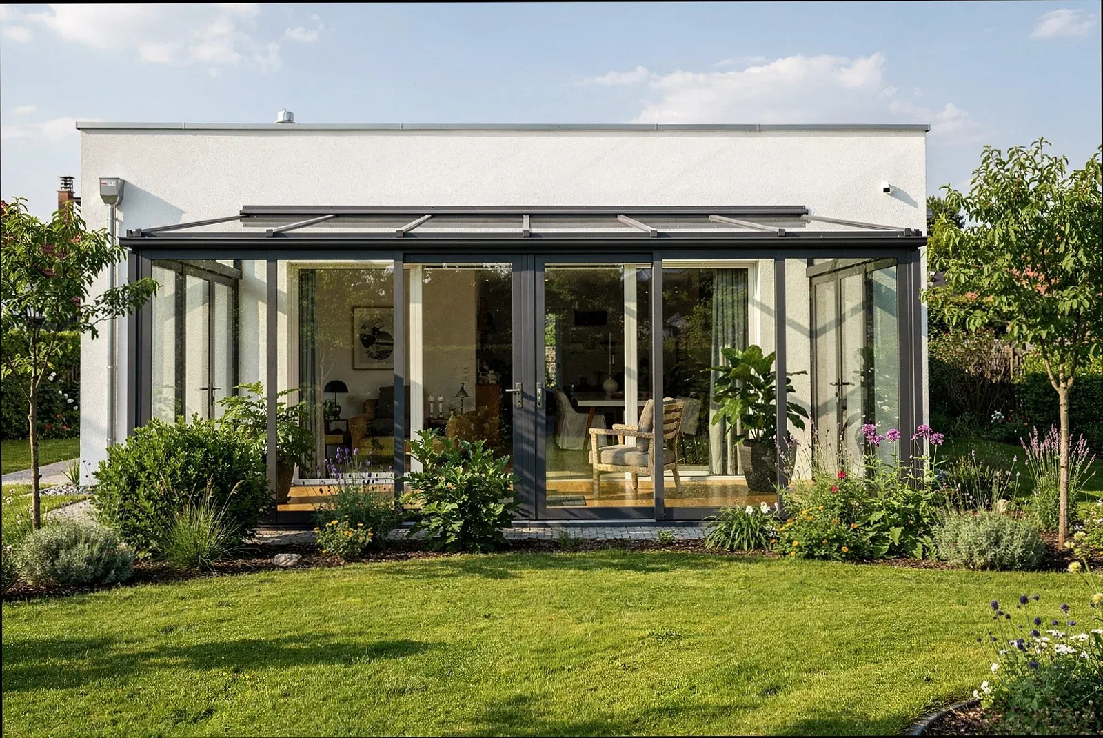 Beheizter Glasanbau mit Holzoptik in einem Garten in Ettlingen